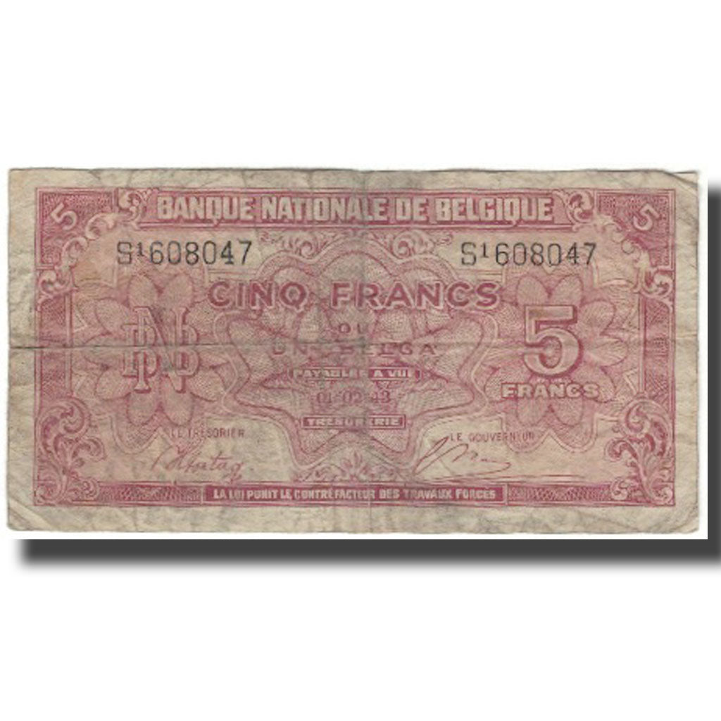 Banknote, Belgium, 5 Francs-1 Belga, 1943-02-01, KM:121, F(12-15)