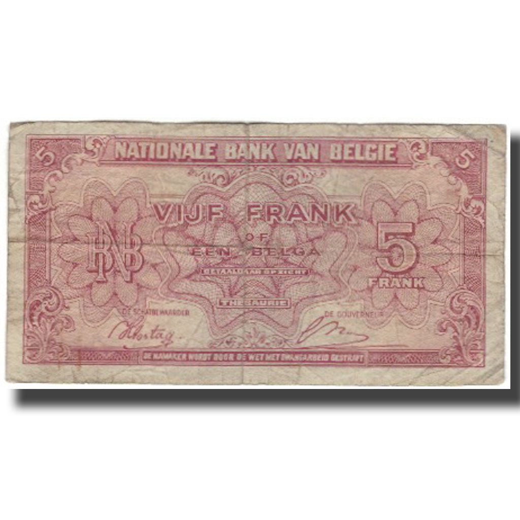Banknote, Belgium, 5 Francs-1 Belga, 1943-02-01, KM:121, F(12-15)