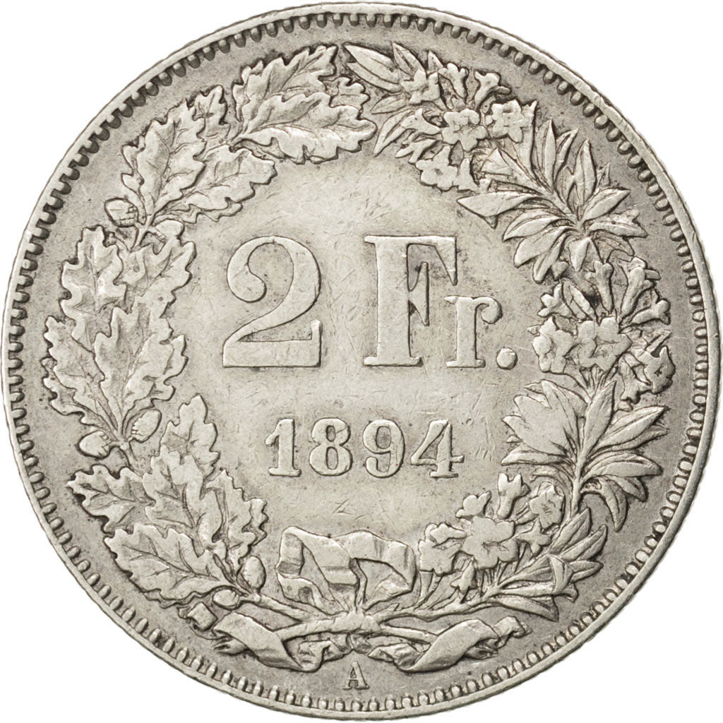 SWITZERLAND, 2 Francs, 1894, Bern, KM #21, EF(40-45), Silver, 27.4, 9.90