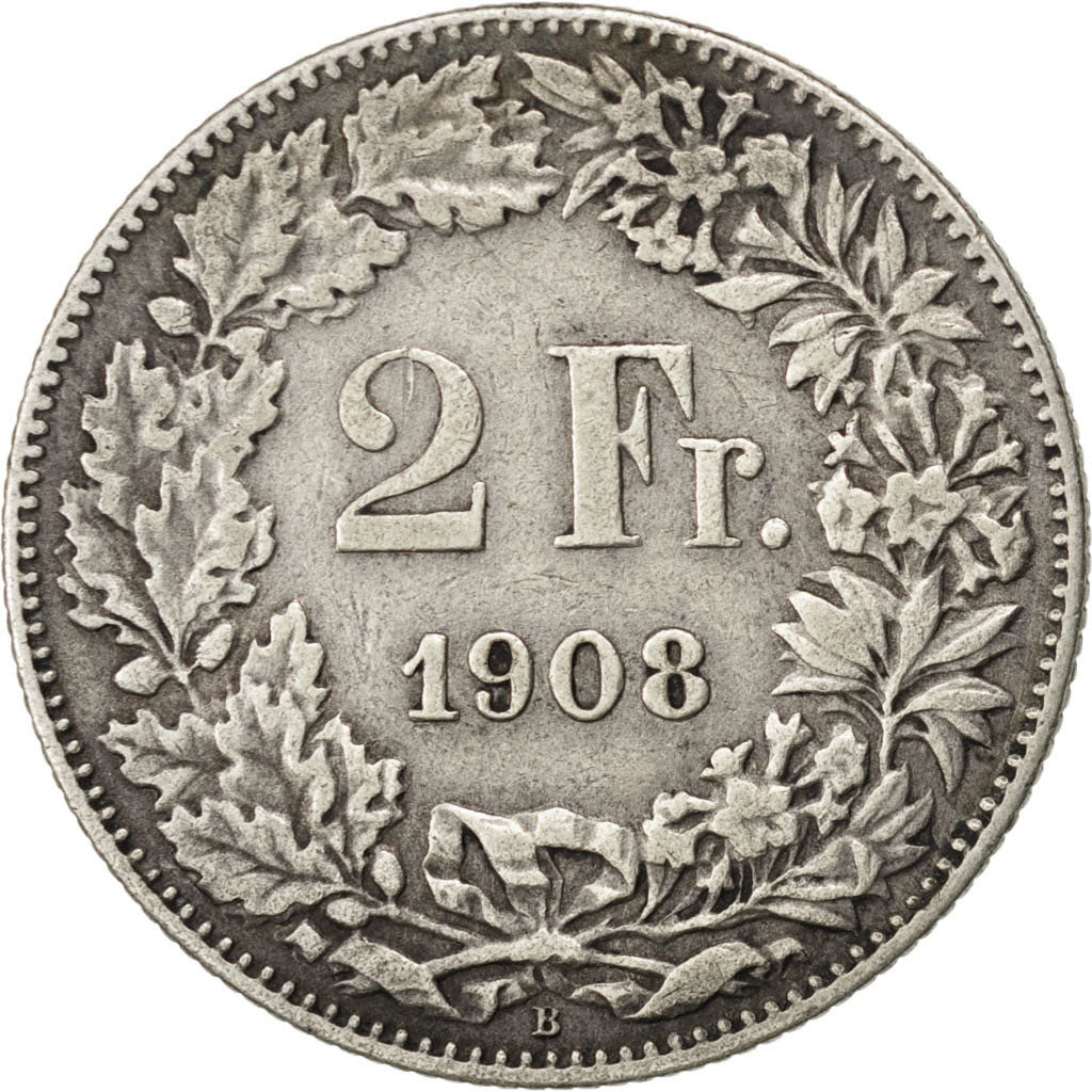 SWITZERLAND, 2 Francs, 1908, Bern, KM #21, EF(40-45), Silver, 27.4, 9.75