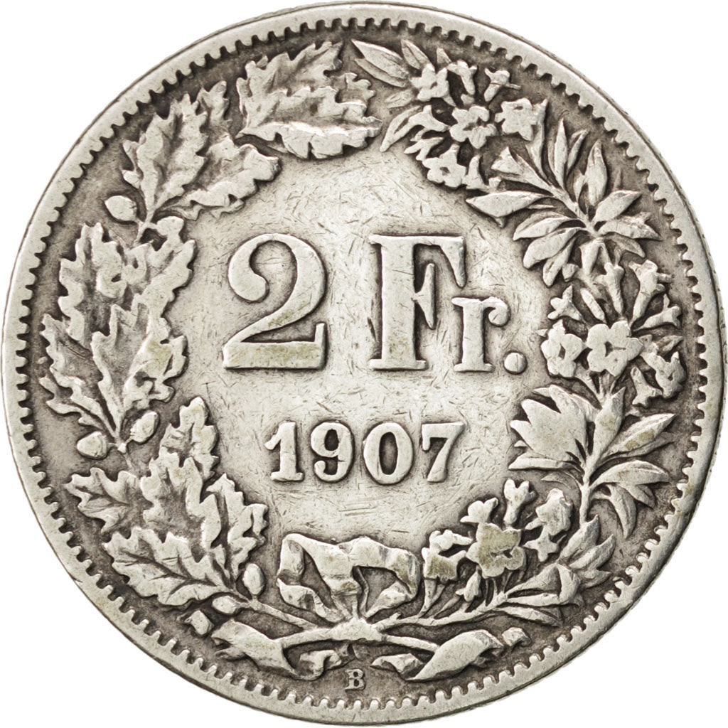 SWITZERLAND, 2 Francs, 1907, Bern, KM #21, VF(20-25), Silver, 27.4, 9.80
