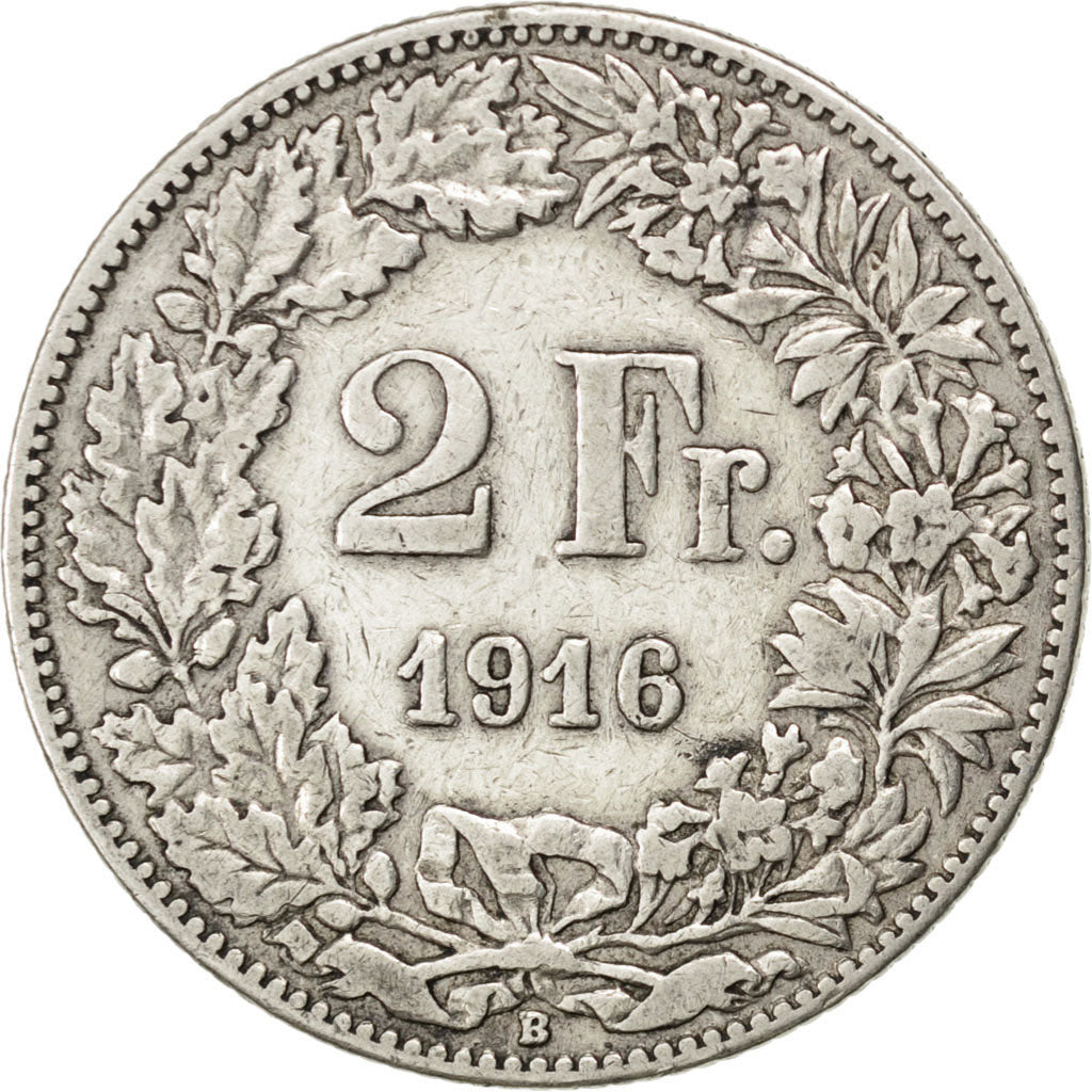 SWITZERLAND, 2 Francs, 1916, Bern, KM #21, EF(40-45), Silver, 27.4, 9.86