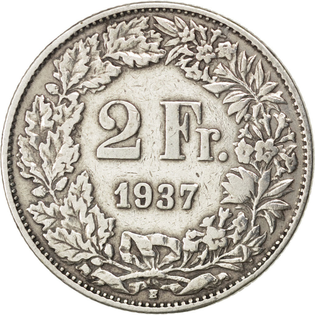 SWITZERLAND, 2 Francs, 1937, Bern, KM #21, EF(40-45), Silver, 27.4, 9.86