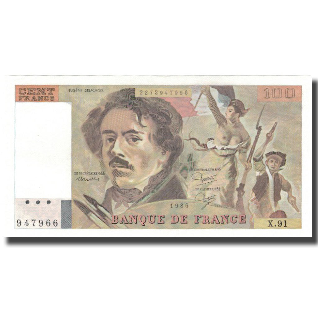 França, 100 Francs, Delacroix, 1985, AU(55-58), Fayette:69.9, KM:154b