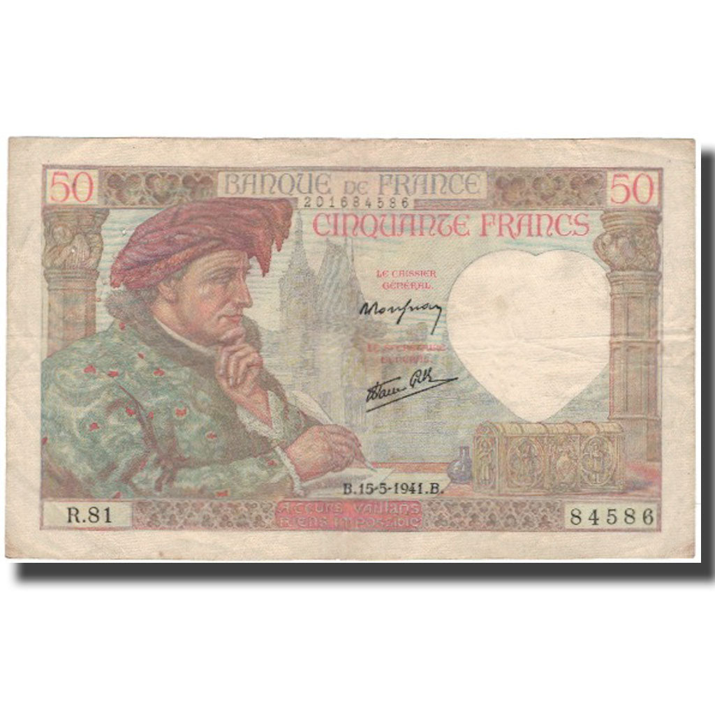 France, 50 Francs, Jacques Coeur, 1941-05-15, TB, Fayette:19.11, KM:93