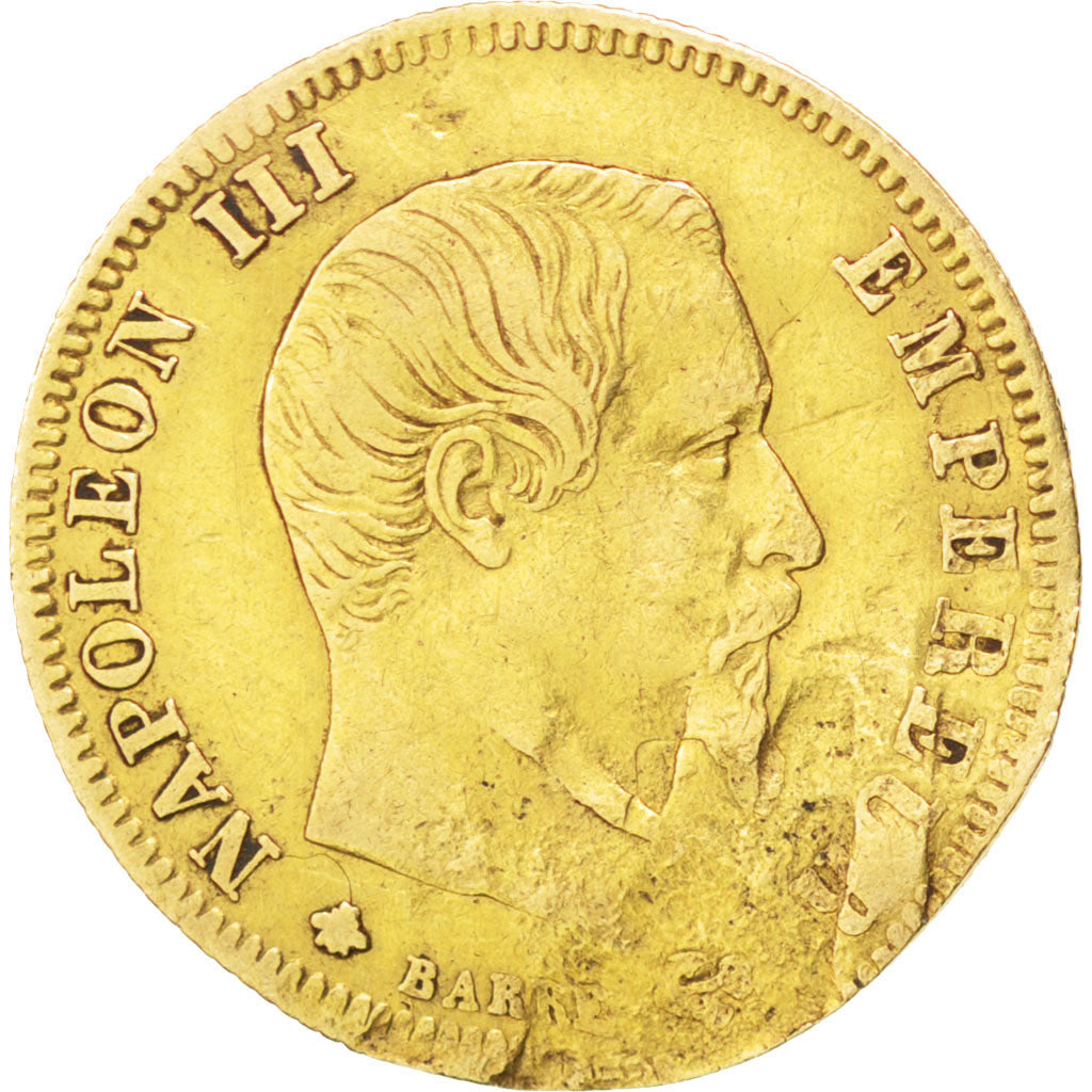 FRANCE, 5 Francs, 1859, Strasbourg, KM #787.2, VG(8-10), Gold, Gadoury #1001,...
