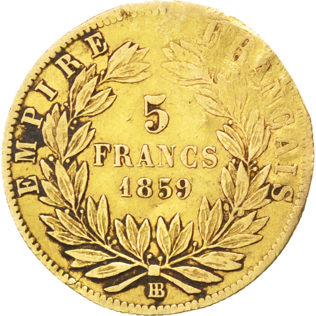 FRANCE, 5 Francs, 1859, Strasbourg, KM #787.2, VG(8-10), Gold, Gadoury #1001,...