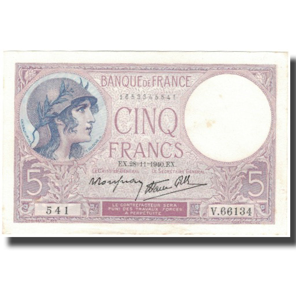 Francja, 5 Francs, Violet, 1940-11-28, AU(55-58), Fayette:4.15, KM:83