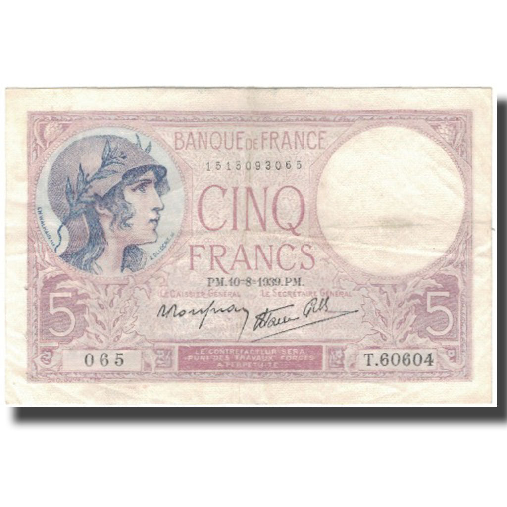 Francia, 5 Francs, Violet, 1939-08-10, BB, Fayette:4.5, KM:83