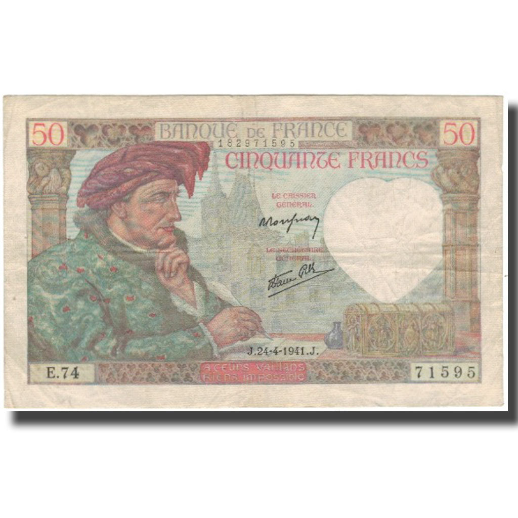 France, 50 Francs, Jacques Coeur, 1941-04-24, VF(20-25), Fayette:19.9, KM:93