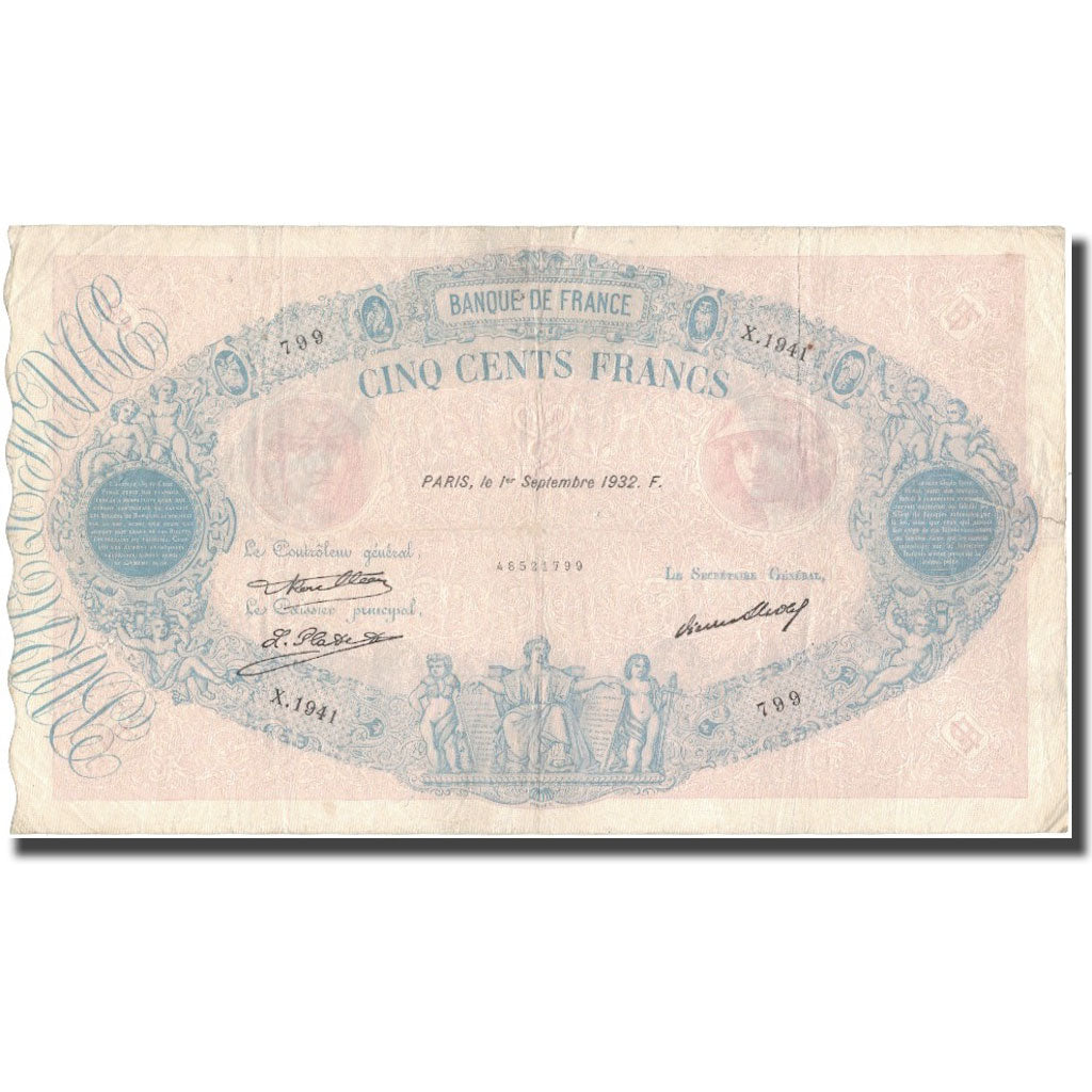 França, 500 Francs, Bleu et Rose, 1932-09-01, VG(8-10), Fayette:30.35, KM:66l