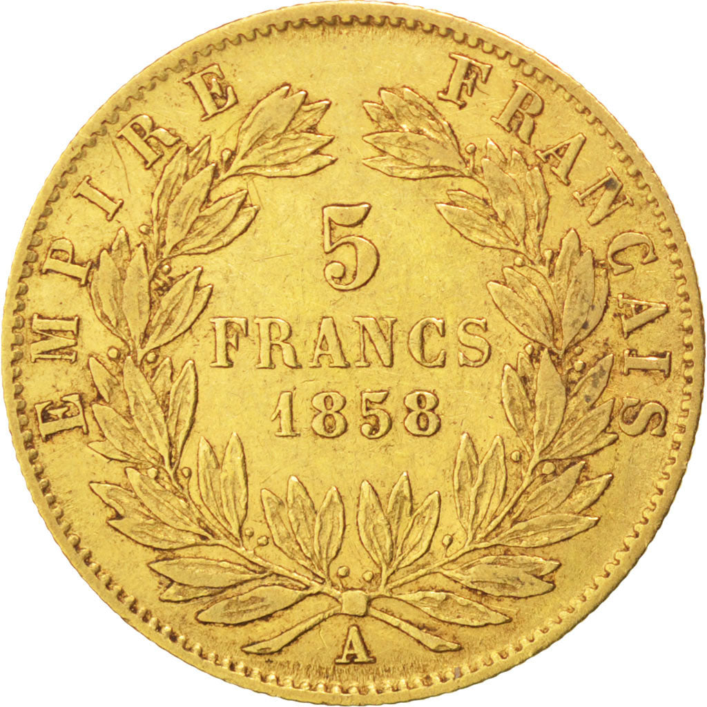 FRANCE, Napoléon III, 5 Francs, 1858, Paris, KM #787.1, EF(40-45), Gold, 16.7, G