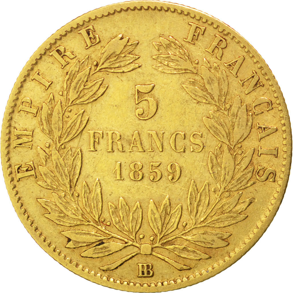 FRANCE, Napoléon III, 5 Francs, 1859, Strasbourg, KM #787.2, EF(40-45), Gold, G.