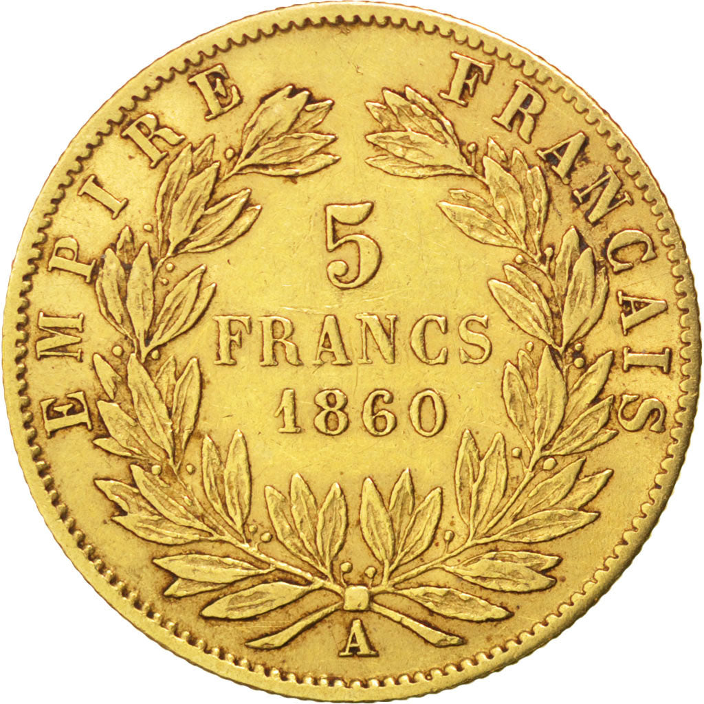 FRANCE, Napoléon III, 5 Francs, 1860, Paris, KM #787.1, EF(40-45), Gold, 16.7, G