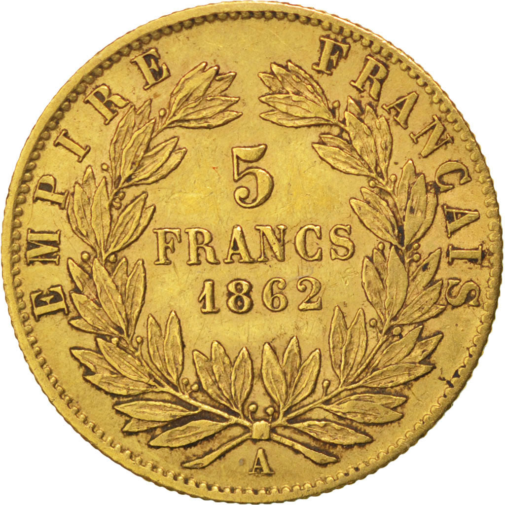 FRANCE, Napoléon III, 5 Francs, 1862, Paris, KM #803.1, EF(40-45), Gold, Gadoury