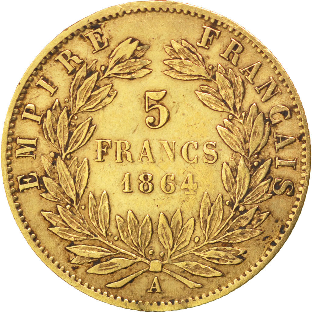 Francia, Napoleon III, Napoléon III, 5 Francs, 1864, Paris, MB+, Oro, KM:803...