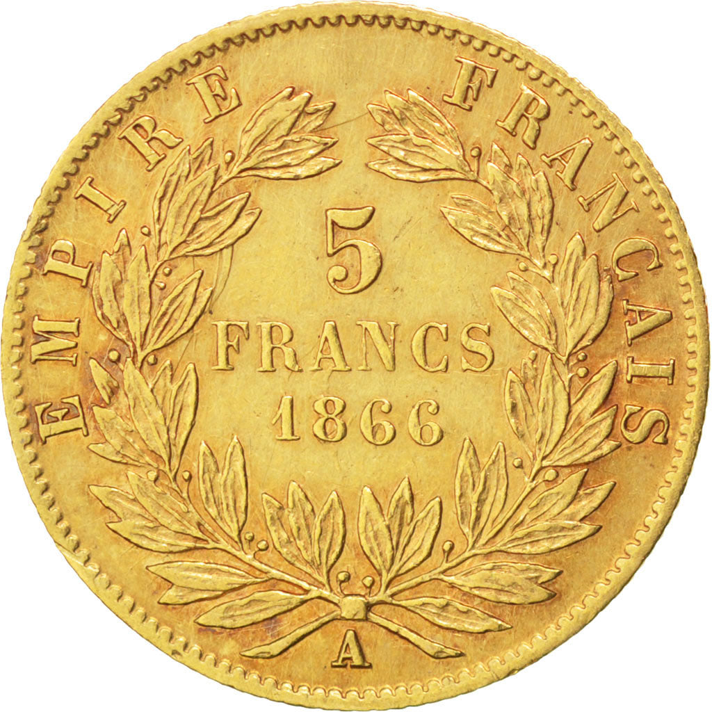 FRANCE, Napoléon III, 5 Francs, 1866, Paris, KM #803.1, EF(40-45), Gold, Gadoury