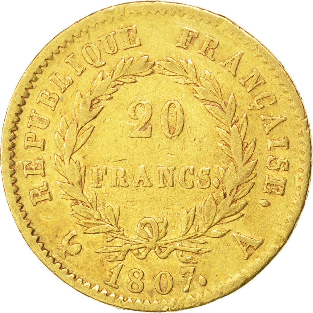 FRANCE, Napoléon I, 20 Francs, 1807, Paris, KM #A687.1, VF(20-25), Gold, Gadoury