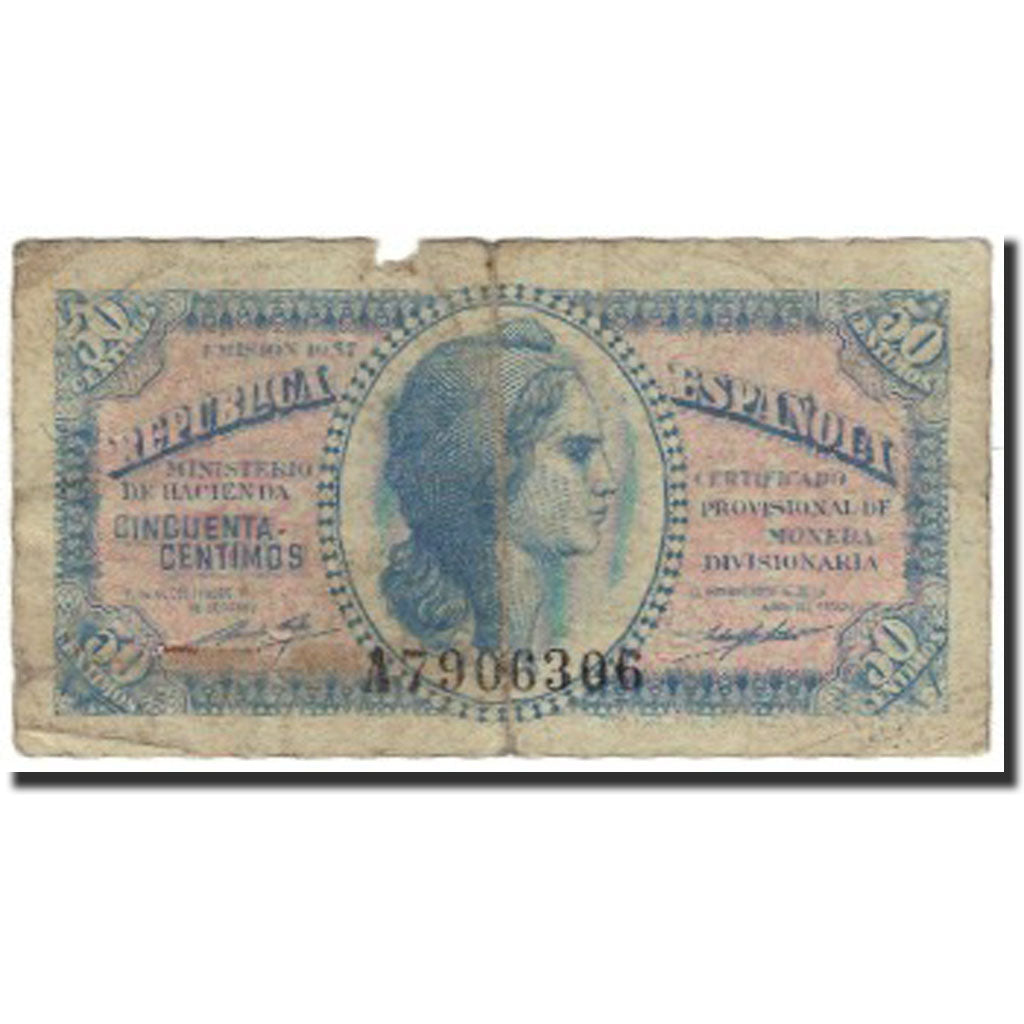 Banknote, Spain, 50 Centimos, 1937, KM:93, F(12-15)
