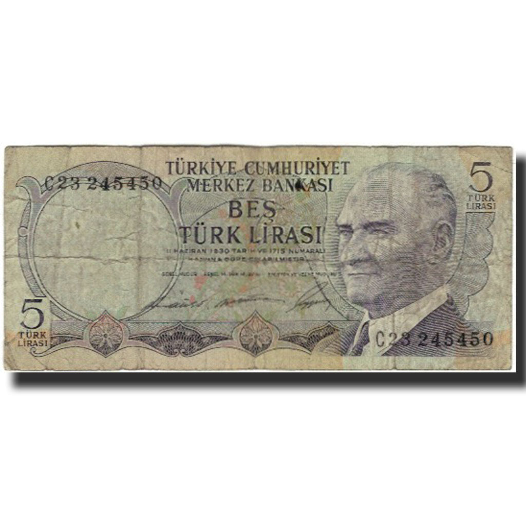 Banknote, Turkey, 5 Lira, KM:179, VG(8-10)