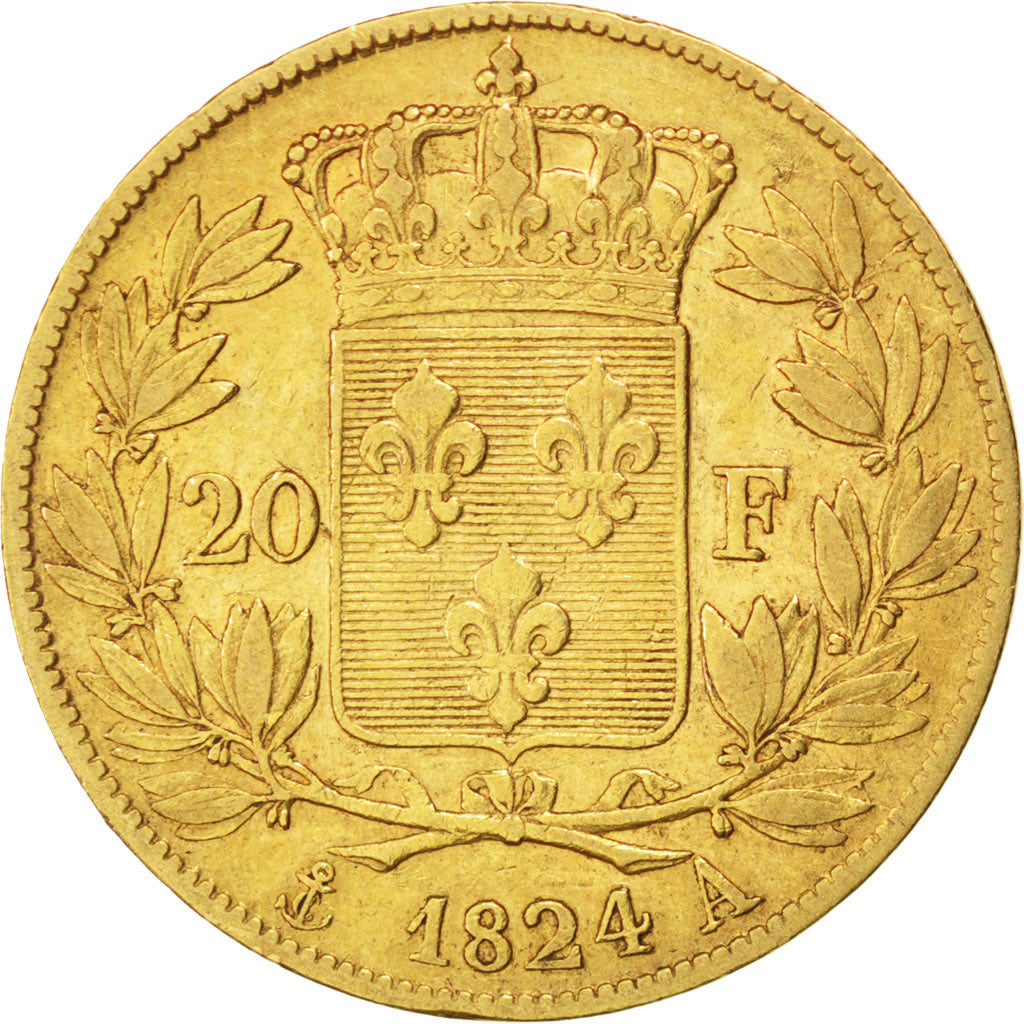 FRANCE, Louis XVIII, 20 Francs, 1824, Paris, KM #712.1, EF(40-45), Gold,...