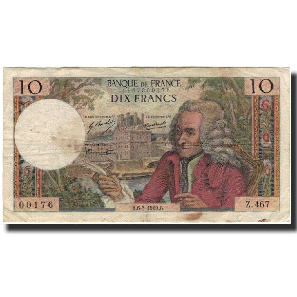 France, 10 Francs, Voltaire, 1969-03-06, B+, Fayette:62.37, KM:147c