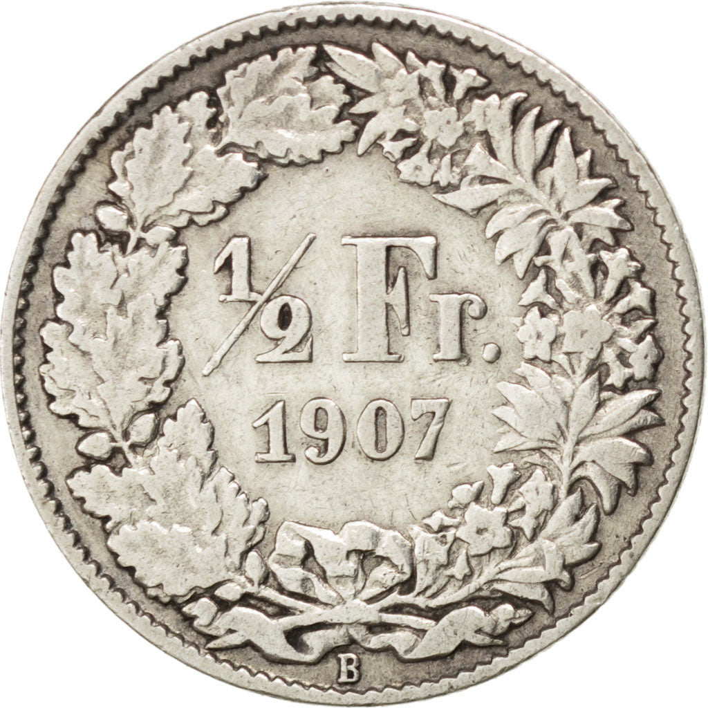 SWITZERLAND, 1/2 Franc, 1907, Bern, KM #23, EF(40-45), Silver, 18.2, 2.48