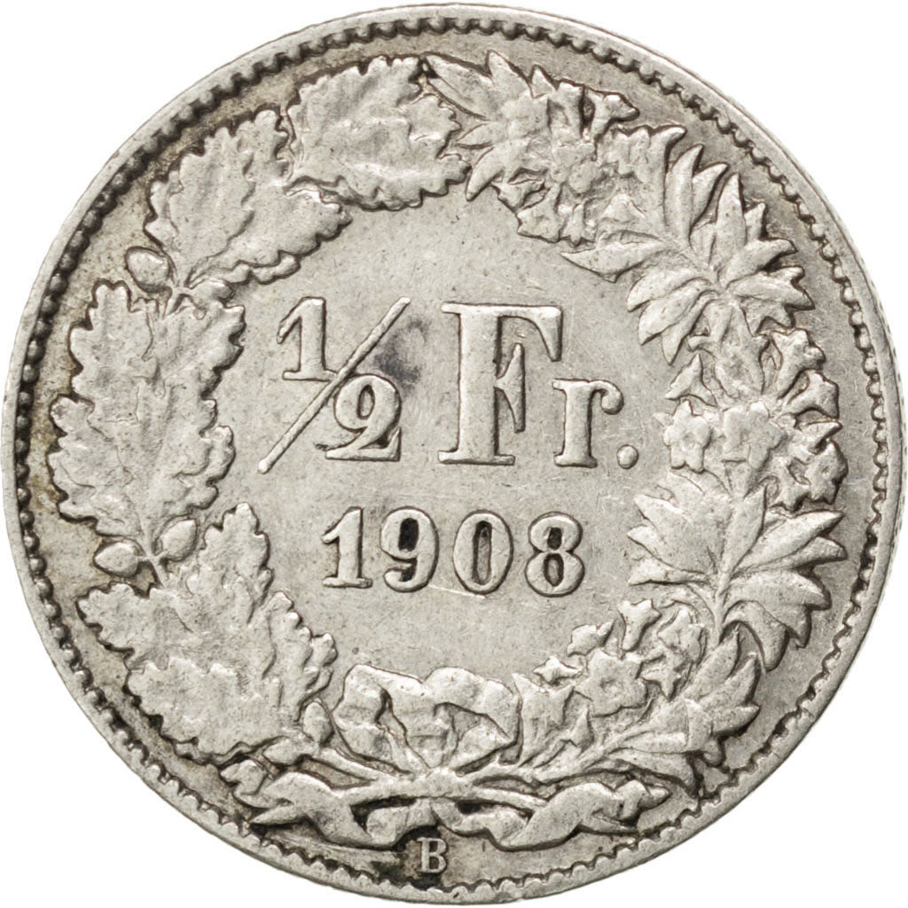SWITZERLAND, 1/2 Franc, 1908, Bern, KM #23, EF(40-45), Silver, 18.2, 2.50