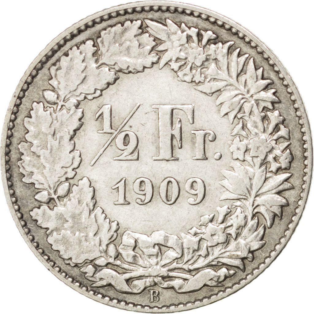 SWITZERLAND, 1/2 Franc, 1909, Bern, KM #23, EF(40-45), Silver, 18.2, 2.48