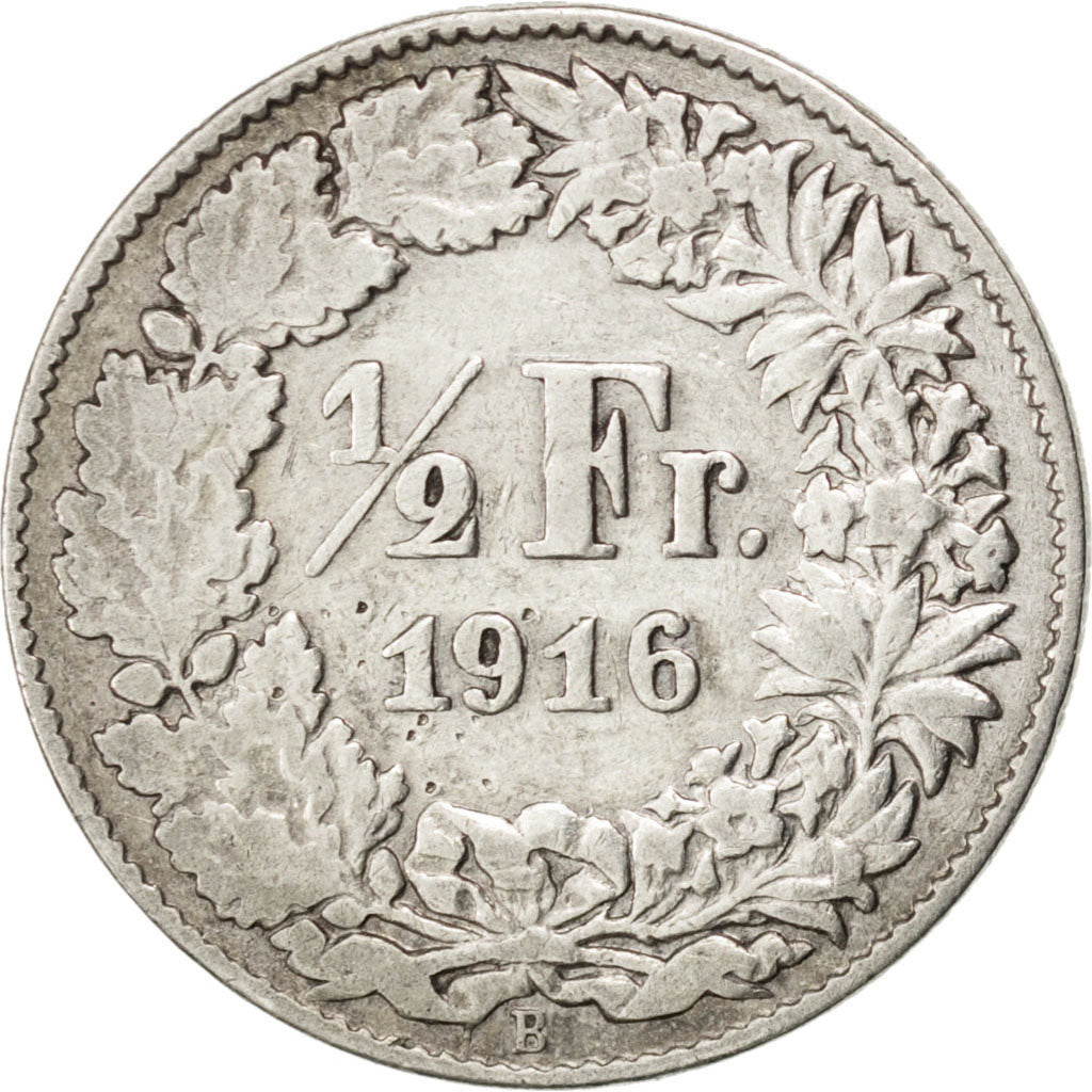 SWITZERLAND, 1/2 Franc, 1916, Bern, KM #23, EF(40-45), Silver, 18.2, 2.50