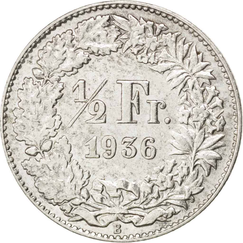 SWITZERLAND, 1/2 Franc, 1936, Bern, KM #23, AU(55-58), Silver, 18.2, 2.47