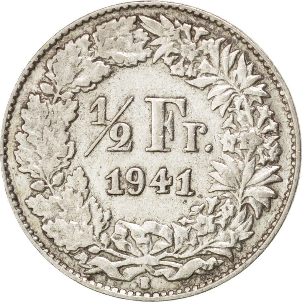 SWITZERLAND, 1/2 Franc, 1941, Bern, KM #23, AU(50-53), Silver, 18.2, 2.52