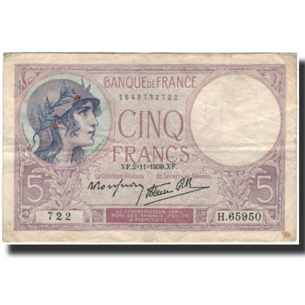 França, 5 Francs, Violet, 1939-11-02, VF(20-25), Fayette:4.14, KM:83