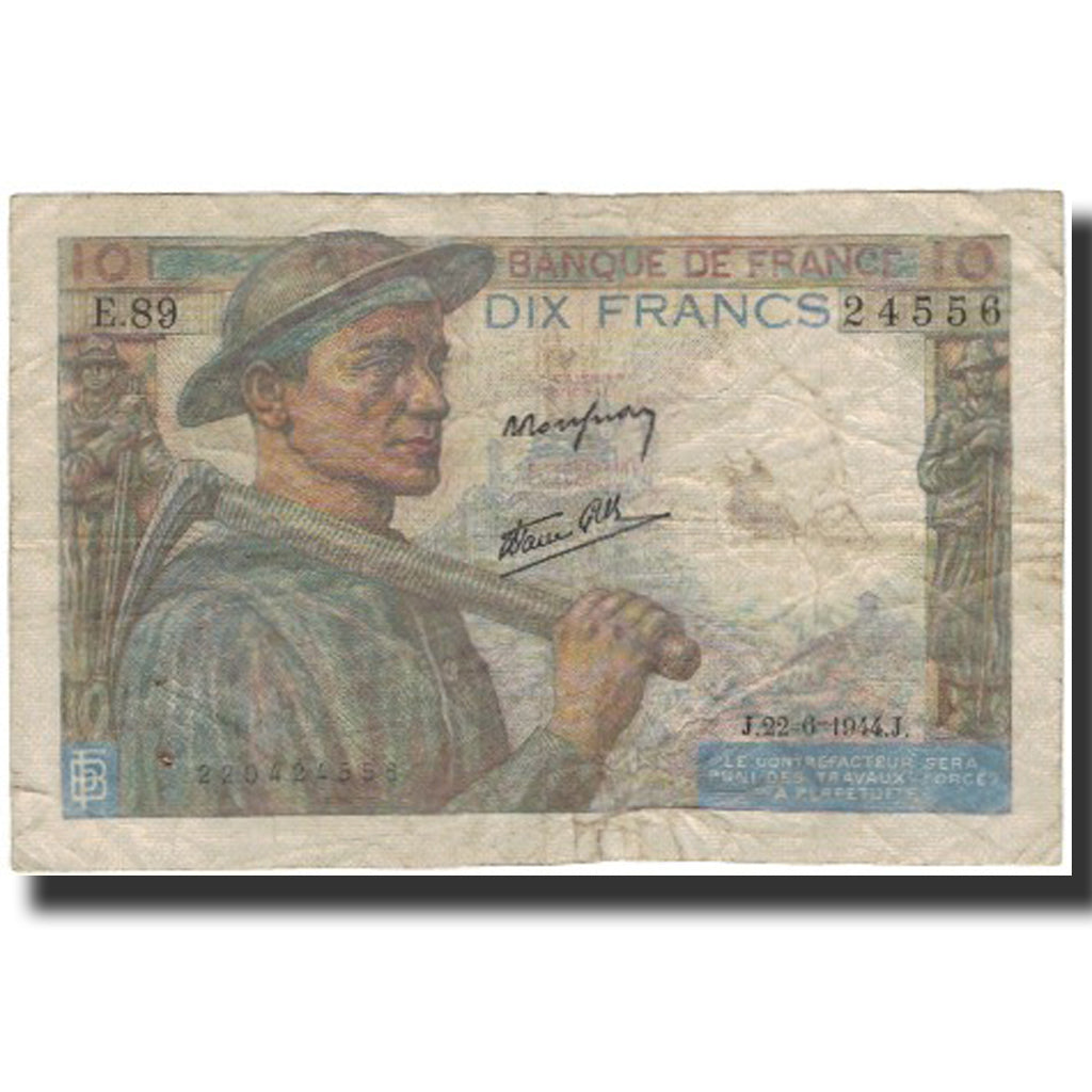 Francia, 10 Francs, Mineur, 1944-06-22, RC+, Fayette:8.12, KM:99e
