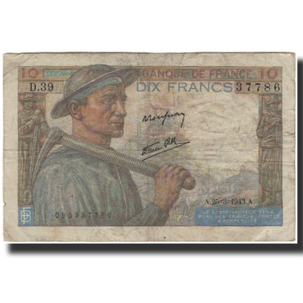 France, 10 Francs, Mineur, 1943-03-25, VG(8-10), Fayette:8.8, KM:99e