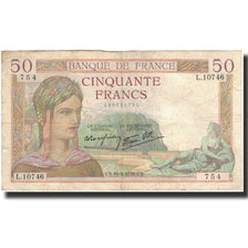 França, 50 Francs, Cérès, 1939-08-10, VF(20-25), Fayette:18.29, KM:85b