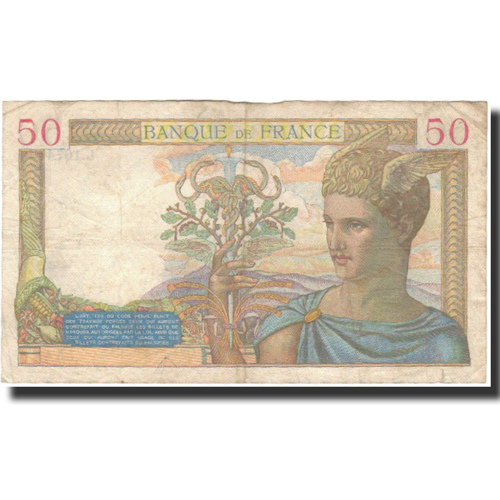 France, 50 Francs, Cérès, 1939-08-10, VF(20-25), Fayette:18.29, KM:85b