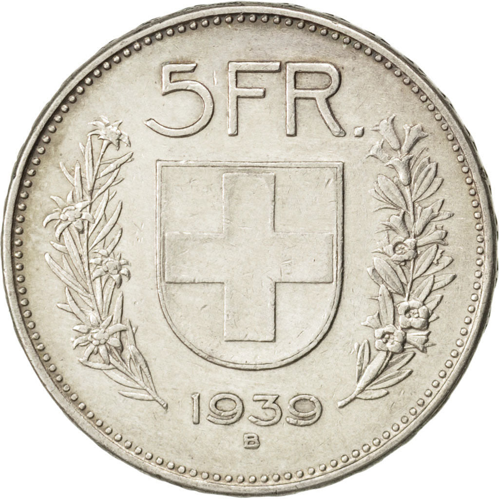 SWITZERLAND, 5 Francs, 1939, Bern, KM #40, EF(40-45), Silver, 31.45, 14.89