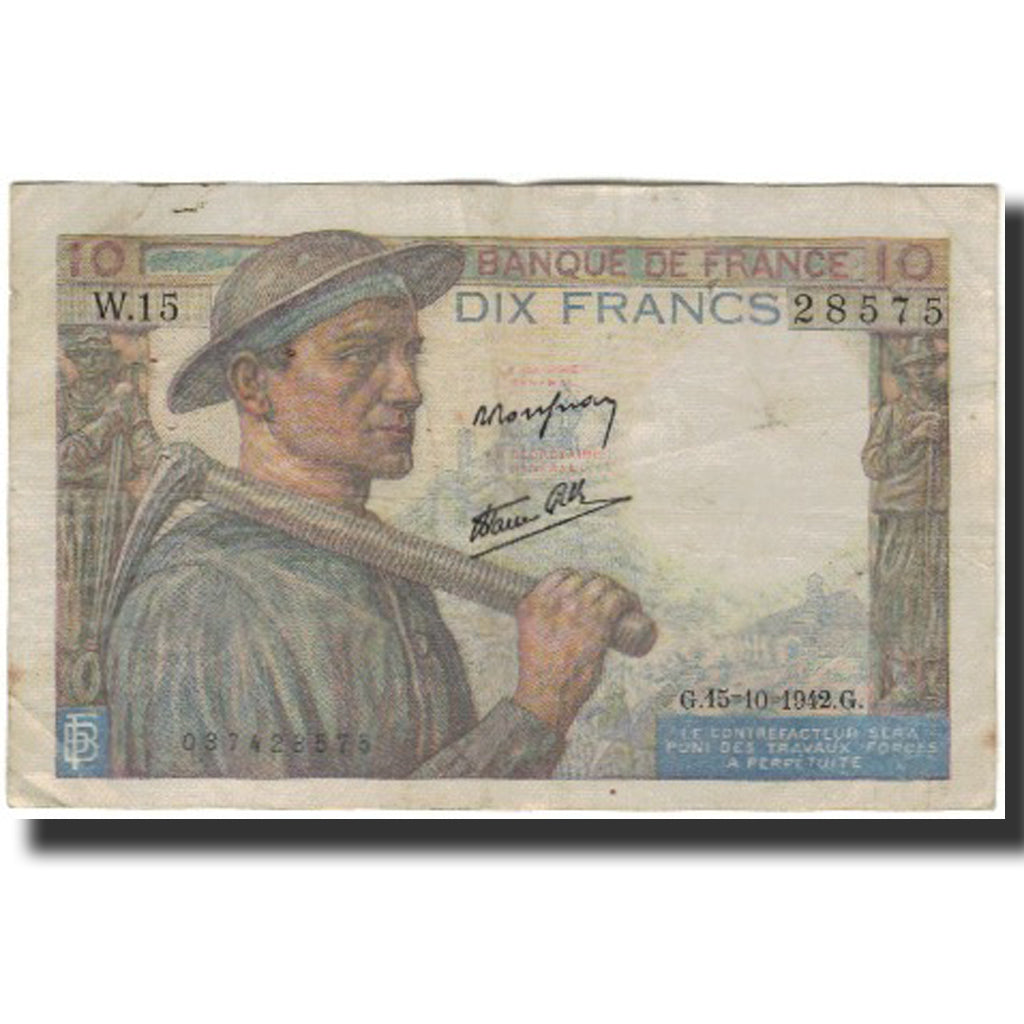 France, 10 Francs, Mineur, 1942-10-15, VF(20-25), Fayette:8.4, KM:99d
