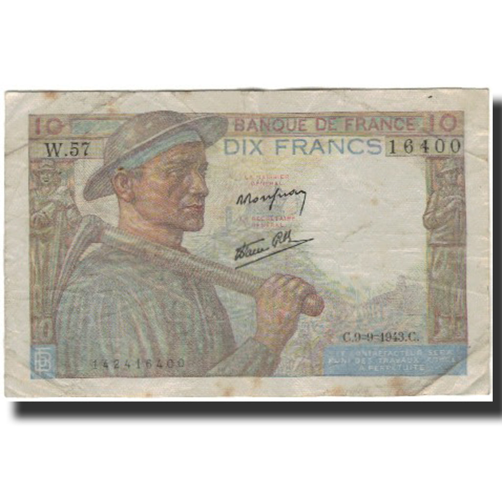 France, 10 Francs, Mineur, 1943-09-09, VF(20-25), Fayette:8.9, KM:99d