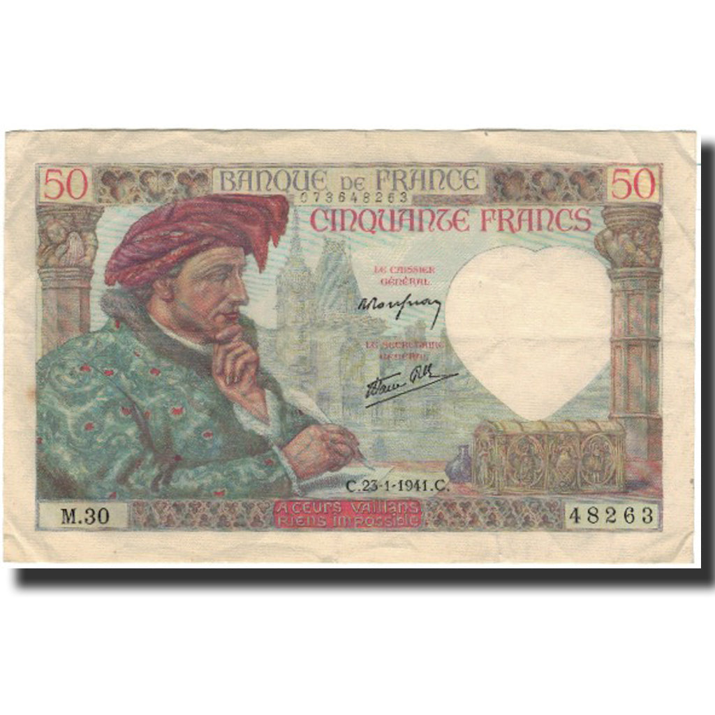 Francja, 50 Francs, Jacques Coeur, 1941-01-23, EF(40-45), Fayette:19.5, KM:93