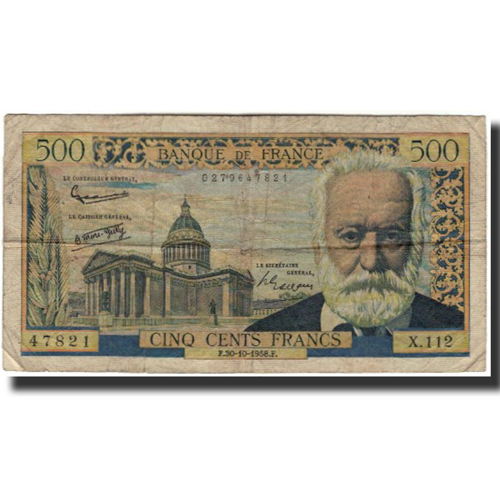France, 500 Francs, Victor Hugo, 1958-10-30, VG(8-10), Fayette:35.11, KM:133b