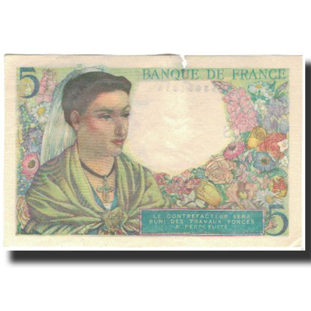 France, 5 Francs, Berger, 1943-08-05, TB+, Fayette:5.3, KM:98a