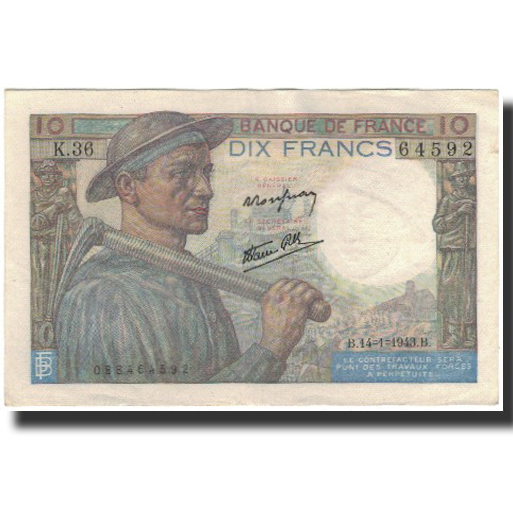 France, 10 Francs, Mineur, 1943-01-14, SUP, Fayette:8.7, KM:99b