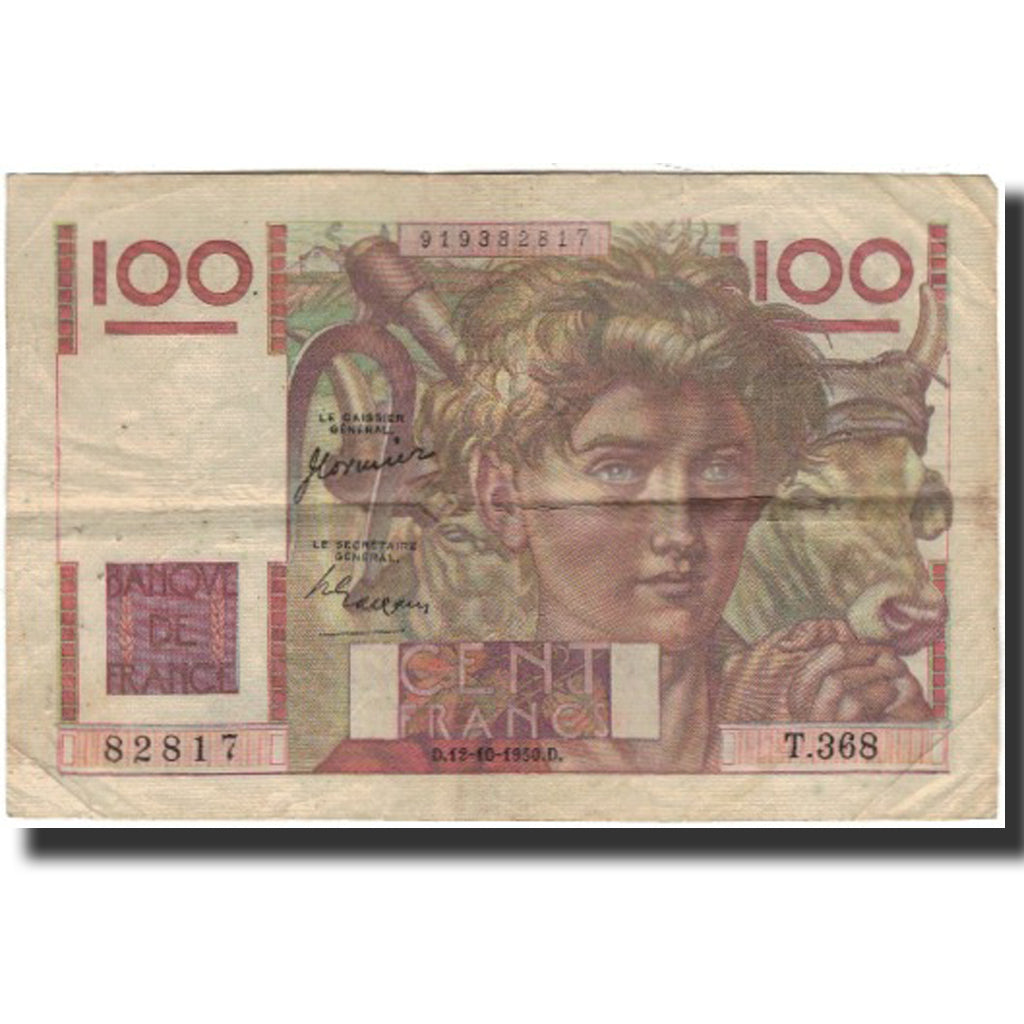 Francja, 100 Francs, Jeune Paysan, 1950-10-12, VF(20-25), Fayette:28.27, KM:128c