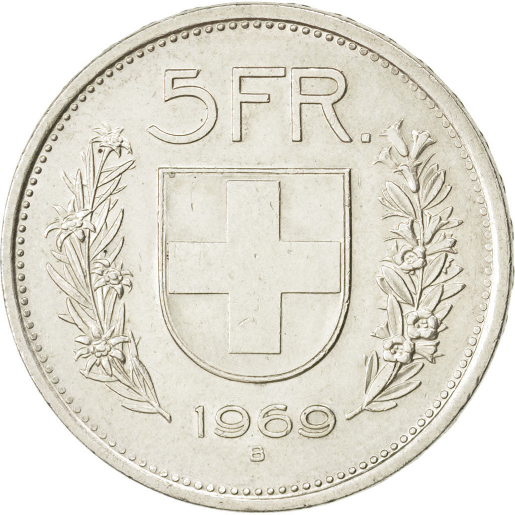 SWITZERLAND, 5 Francs, 1969, Bern, KM #40, AU(50-53), Silver, 31.45, 15.07