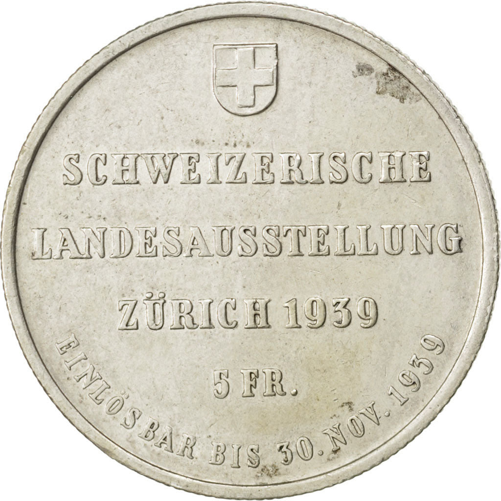 SWITZERLAND, 5 Francs, 1939, Bern, KM #43, AU(55-58), Silver, 31, 19.40