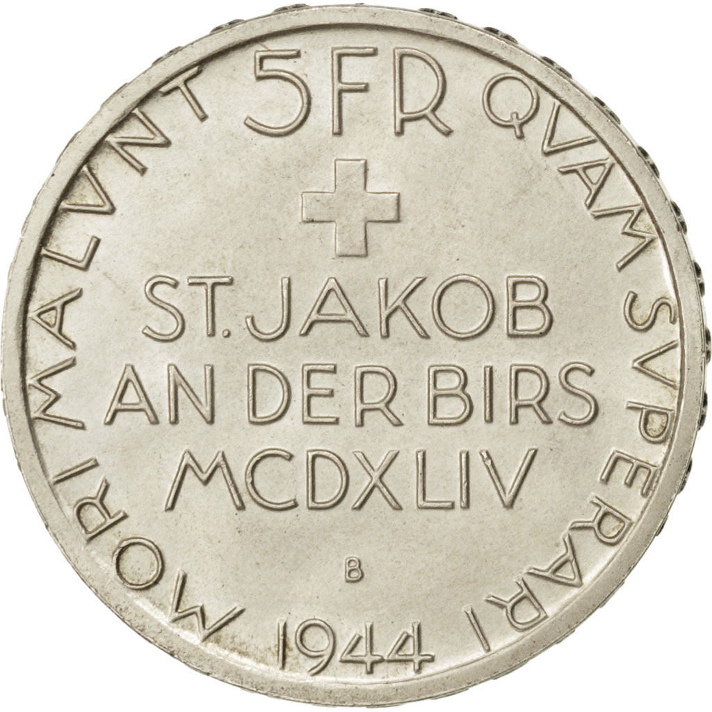 SWITZERLAND, 5 Francs, 1944, Bern, KM #45, AU(55-58), Silver, 31, 15.03