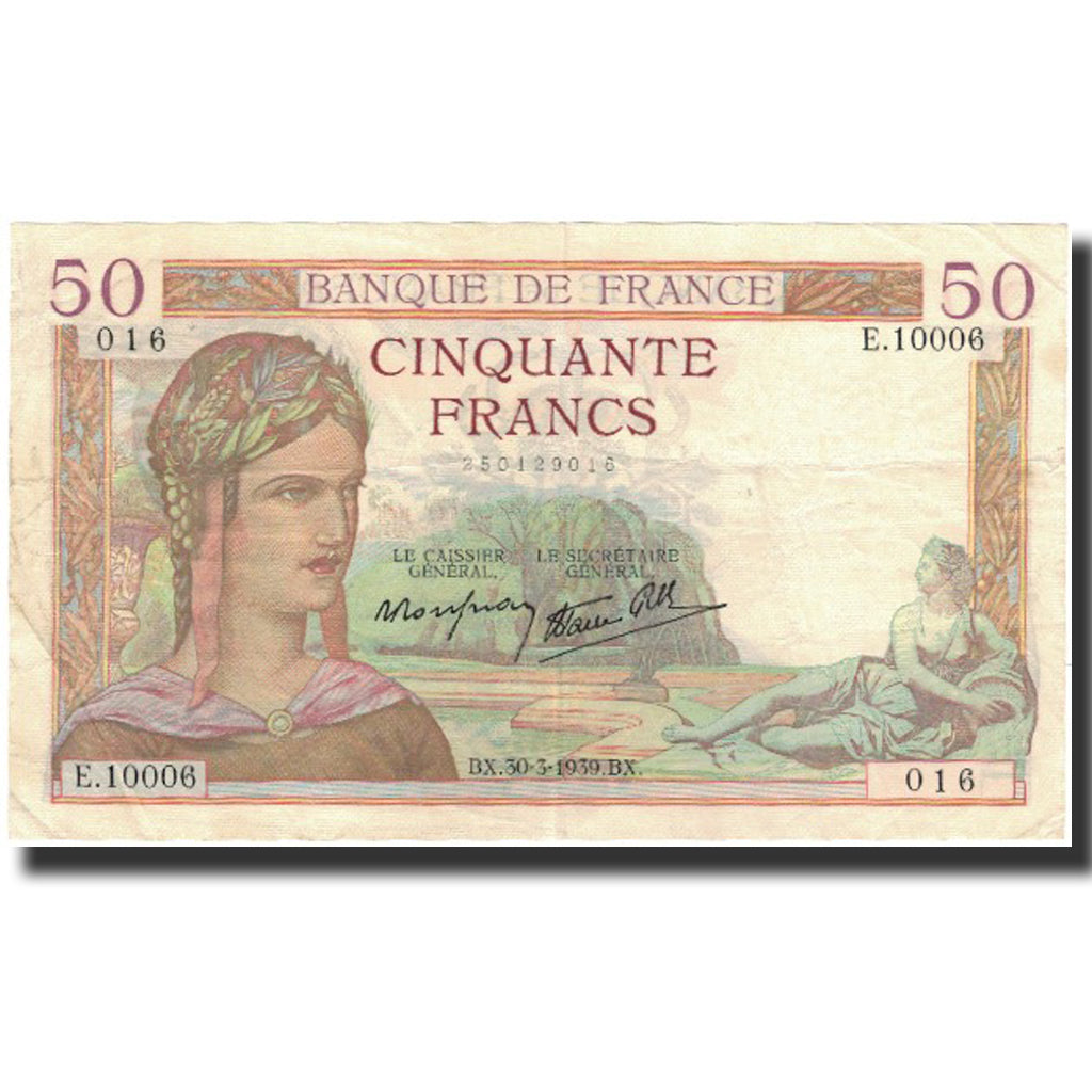 França, 50 Francs, Cérès, 1939-03-30, EF(40-45), Fayette:18.24, KM:85b