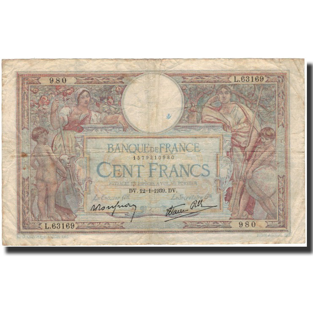 Francia, 100 Francs, Luc Olivier Merson, 1939-01-12, B+, Fayette:25.39, KM:86b